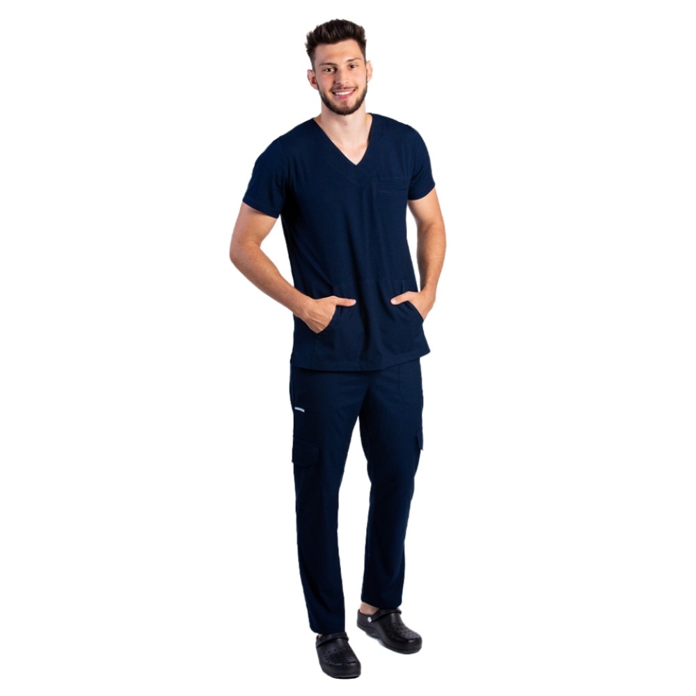 Costum de lucru cu elastan barbati bleumarin cu bluza in V si pantaloni cu snur si elastic