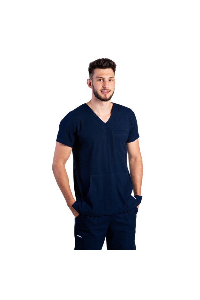 Costum de lucru cu elastan barbati bleumarin cu bluza in V si pantaloni cu snur si elastic