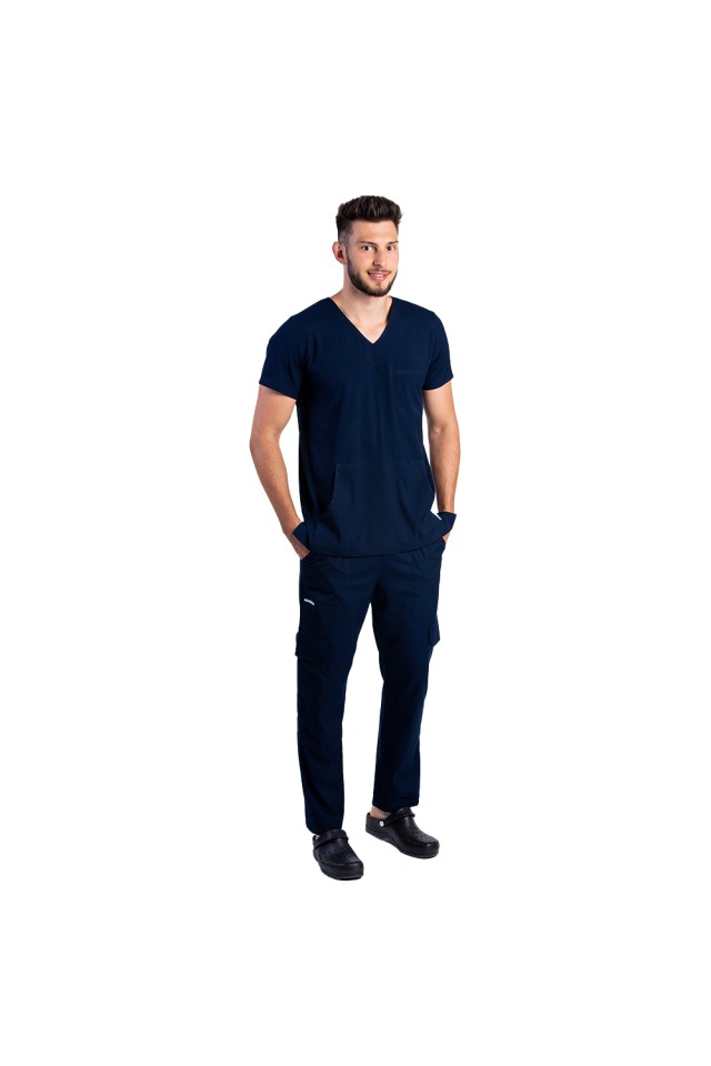 Costum de lucru cu elastan barbati bleumarin cu bluza in V si pantaloni cu snur si elastic