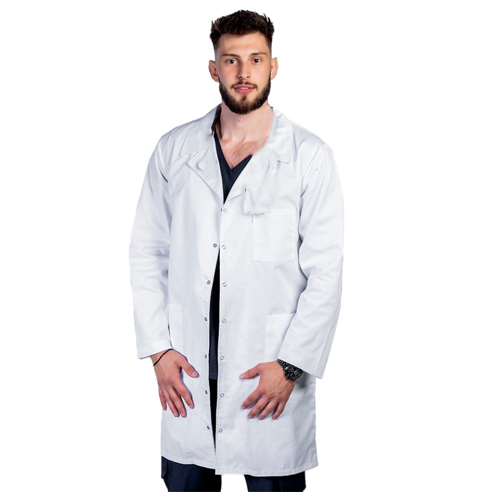 Halat de lucru alb lung barbatesc, cu guler tip rever si trei buzunare , maneca lunga