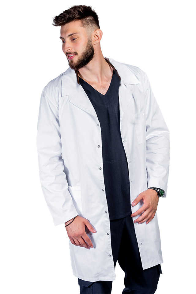 Halat de lucru alb lung barbatesc, cu guler tip rever si trei buzunare , maneca lunga