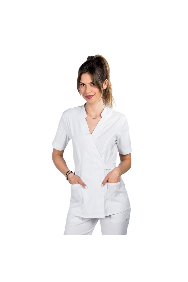 Halat profesional pentru estetica, kimono, cu elastan alb cu doua buzunare aplicate si guler tip tunica
