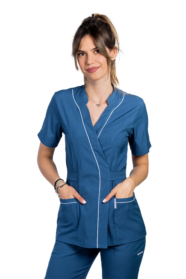 Halat profesional pentru estetica, kimono, cu elastan jeans cu doua buzunare aplicate si guler tip tunica