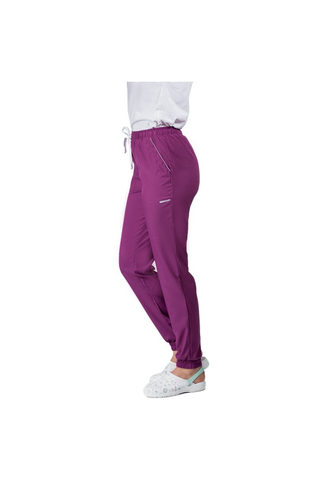 Costum estetica dama elastic magenta, cu bluza kimono cu paspol alb si pantaloni tip jogger