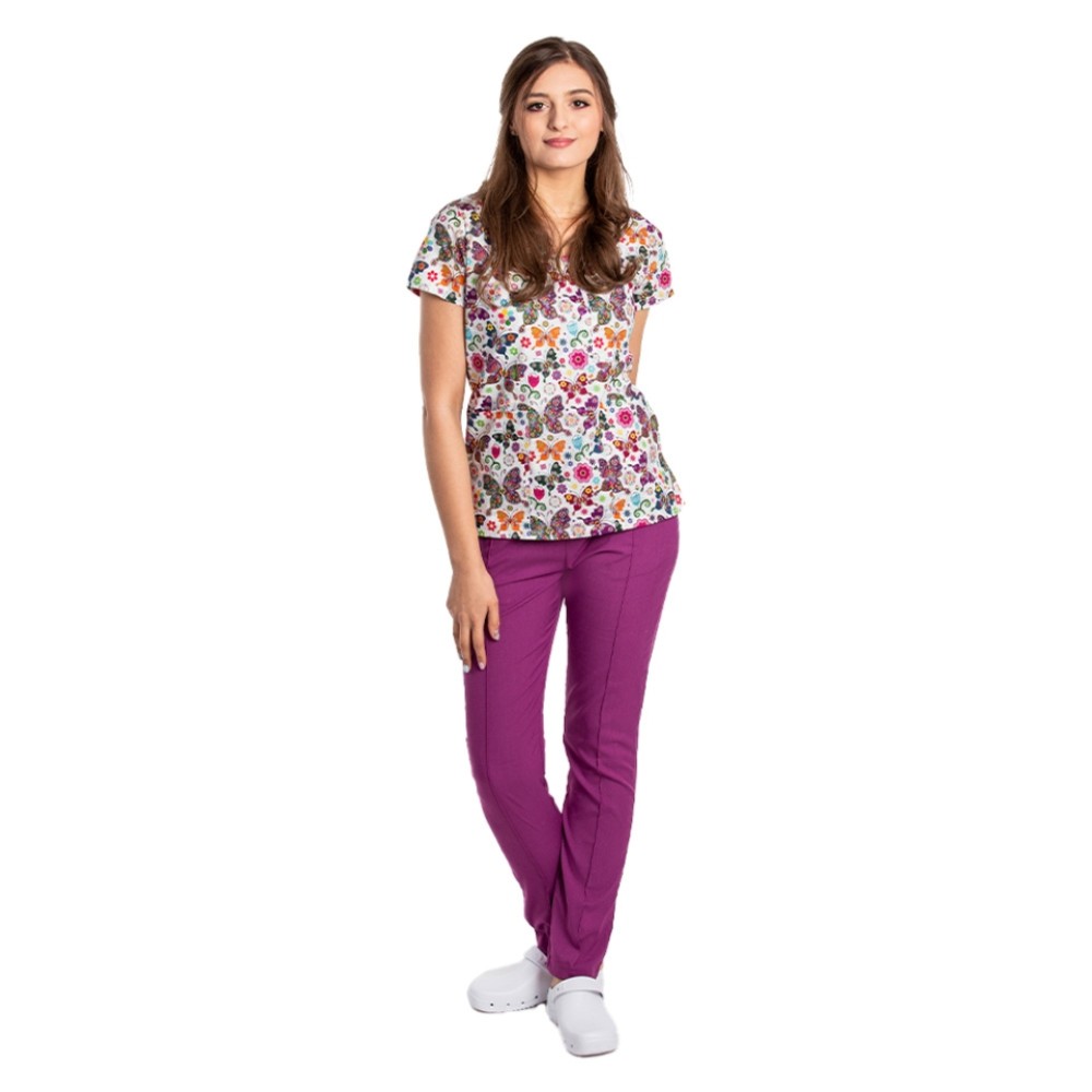 Costume de lucru pentru gradinite Fantasy cu bluza imprimata si pantaloni stretch magenta cu snur si elastic