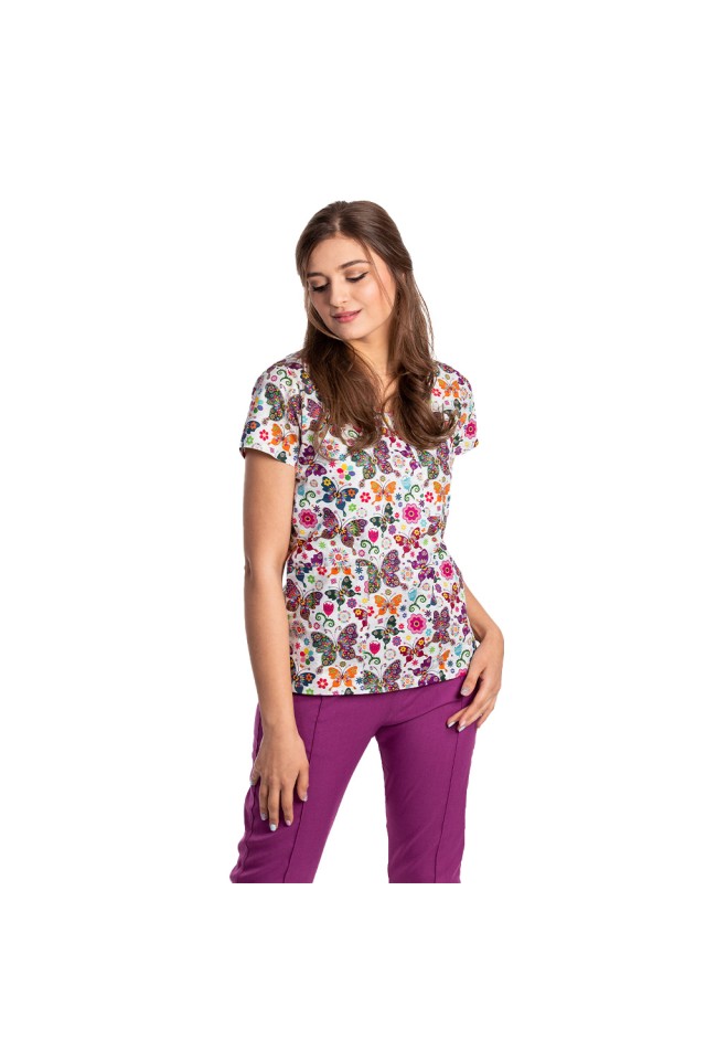Costume de lucru pentru gradinite Fantasy cu bluza imprimata si pantaloni stretch magenta cu snur si elastic