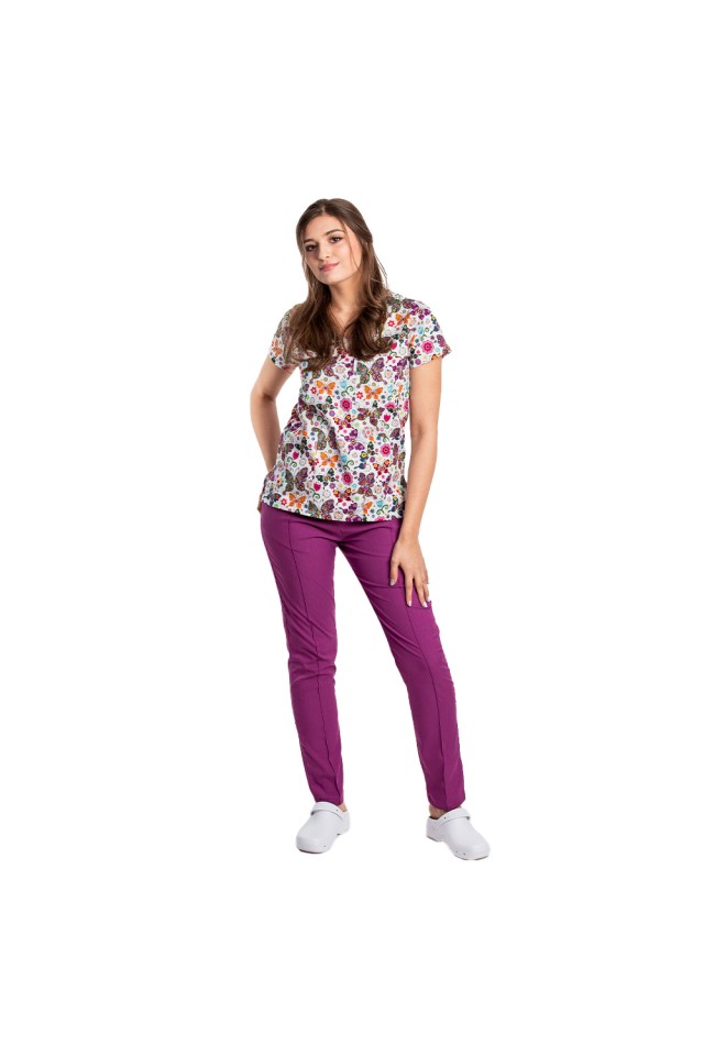 Costume de lucru pentru gradinite Fantasy cu bluza imprimata si pantaloni stretch magenta cu snur si elastic