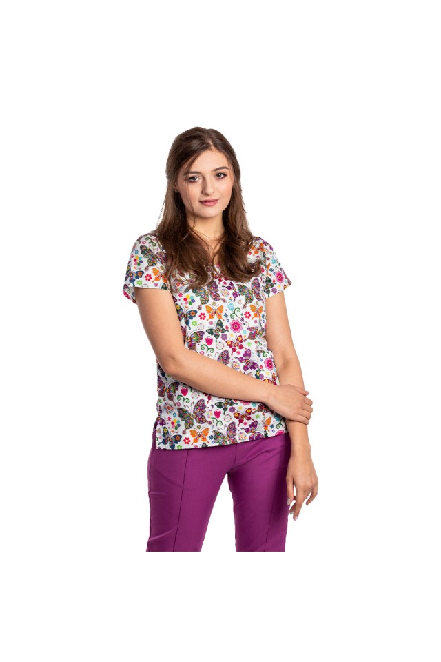 Costume de lucru pentru gradinite Fantasy cu bluza imprimata si pantaloni stretch magenta cu snur si elastic