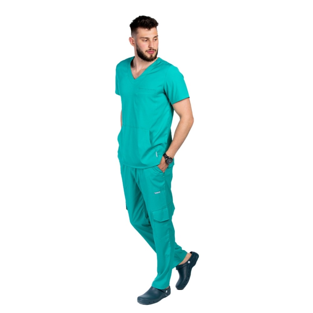 Costum de lucru cu elastan barbati verde turcoaz cu bluza in V si pantaloni cu snur si elastic