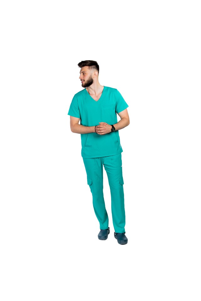 Costum de lucru cu elastan barbati verde turcoaz cu bluza in V si pantaloni cu snur si elastic