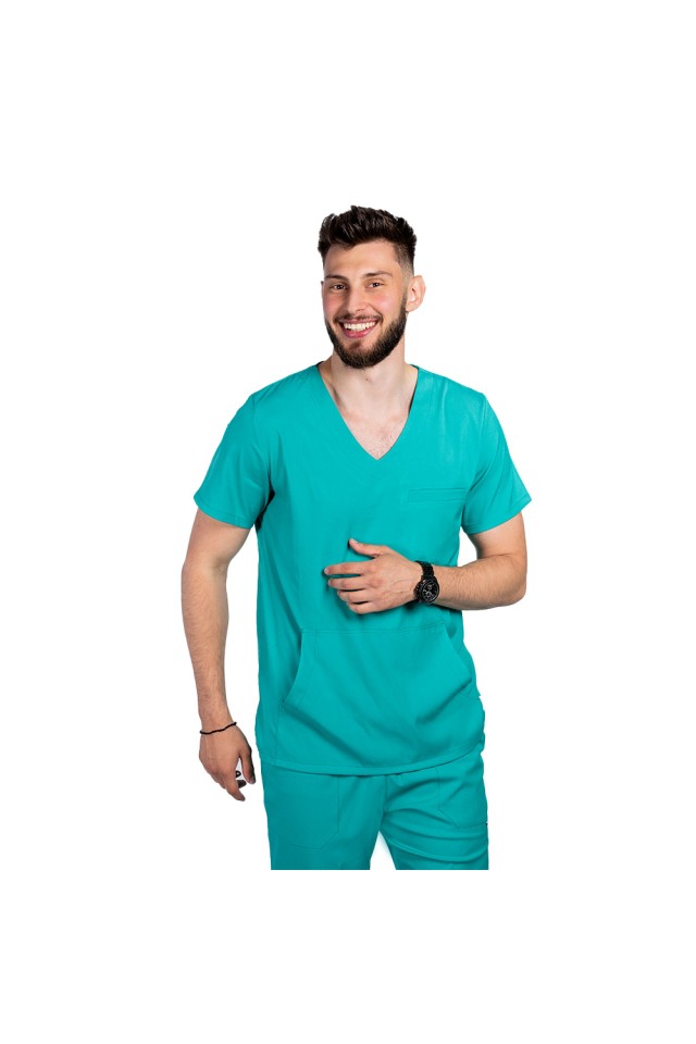 Costum de lucru cu elastan barbati verde turcoaz cu bluza in V si pantaloni cu snur si elastic
