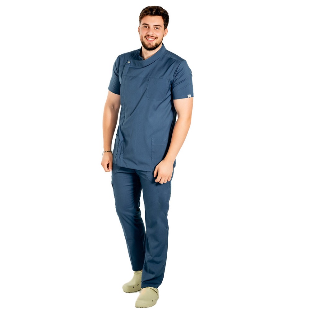 Uniforma bucatar tip tunica blue jeans cu maneca scurta, capse si fermoar