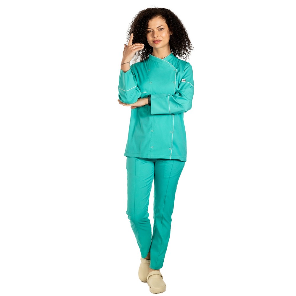 Uniforma bucatar dama verde stretch tip tunica cu capse si pantaloni cu snur si elastic in talie