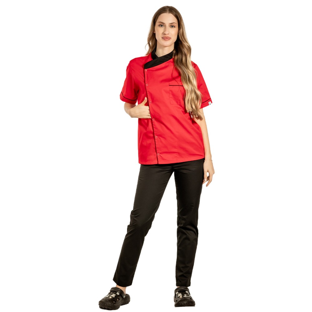 Uniforma bucatar dama rosie tip tunica cu capse si pantaloni cu snur si elastic in talie