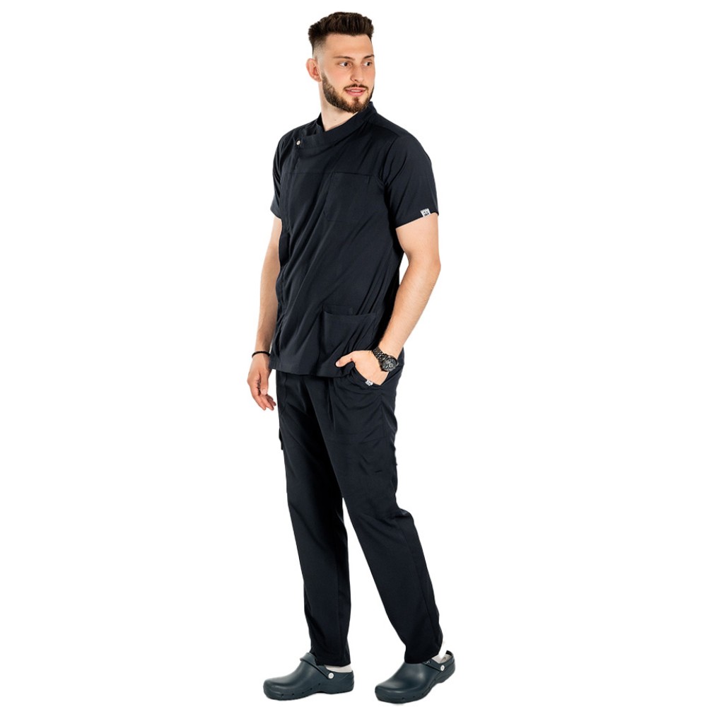 Uniforma bucatar tip tunica dark navy cu maneca scurta, capse si fermoar