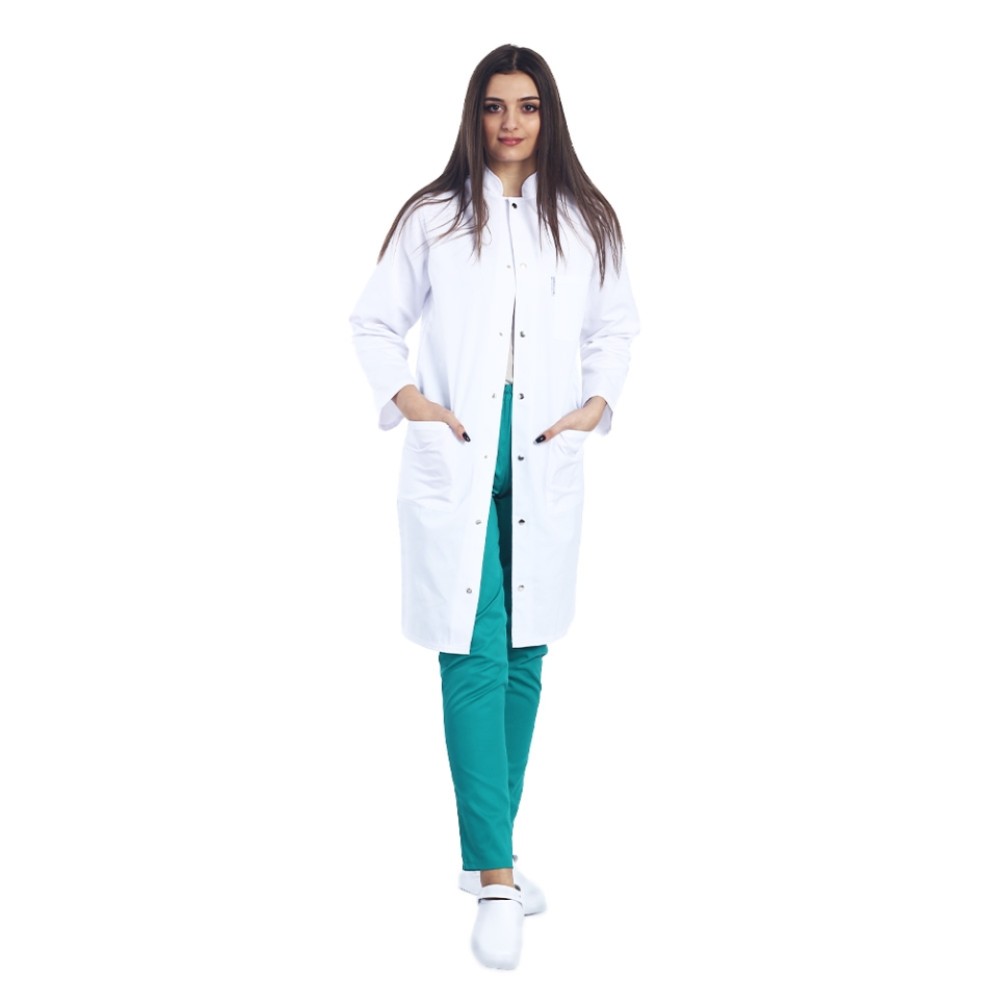 Halat pentru laborator alb, unisex, cu guler tip tunica si trei buzunare si maneca lunga