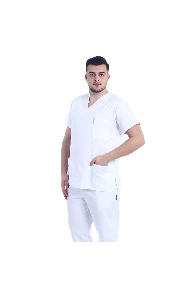 Uniforma de lucru barbati alb cu pantaloni cu snur si elastic in talie