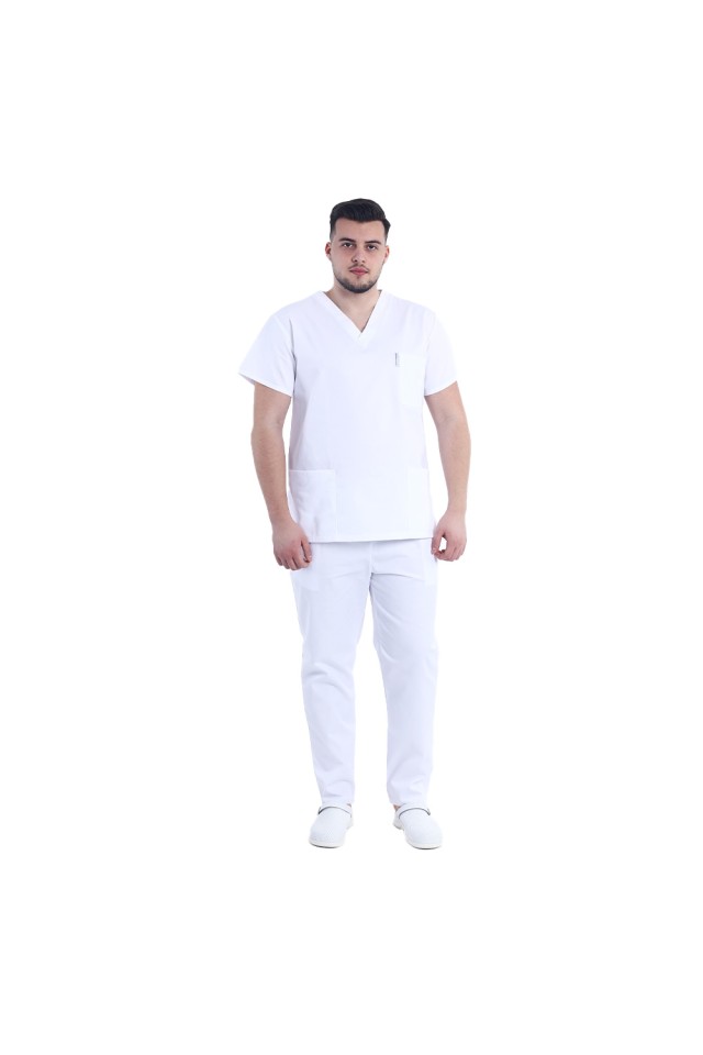 Uniforma de lucru barbati alb cu pantaloni cu snur si elastic in talie