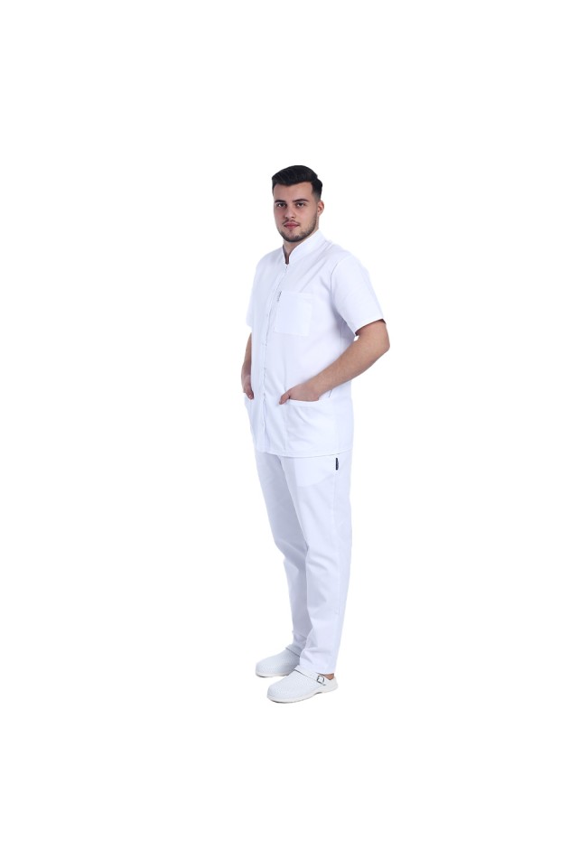 Halat de lucru pentru barbati alb cu guler tip tunica si trei buzunare