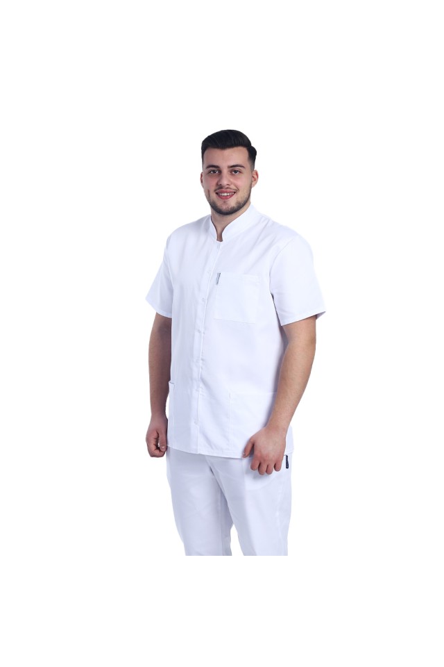 Halat de lucru pentru barbati alb cu guler tip tunica si trei buzunare