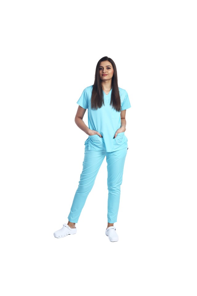 Uniforma de lucru dama menta cu bluza cu anchior in forma V si pantaloni cu elastic