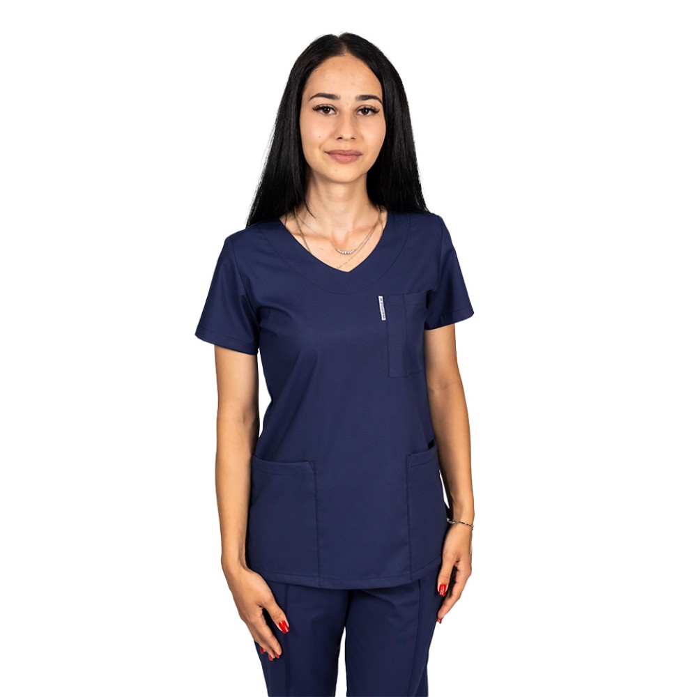 Tricou cu elastan de dama,cambrat, bleumarin, model in U