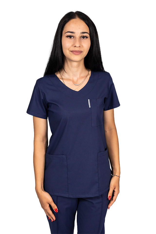 Tricou cu elastan de dama,cambrat, bleumarin, model in U