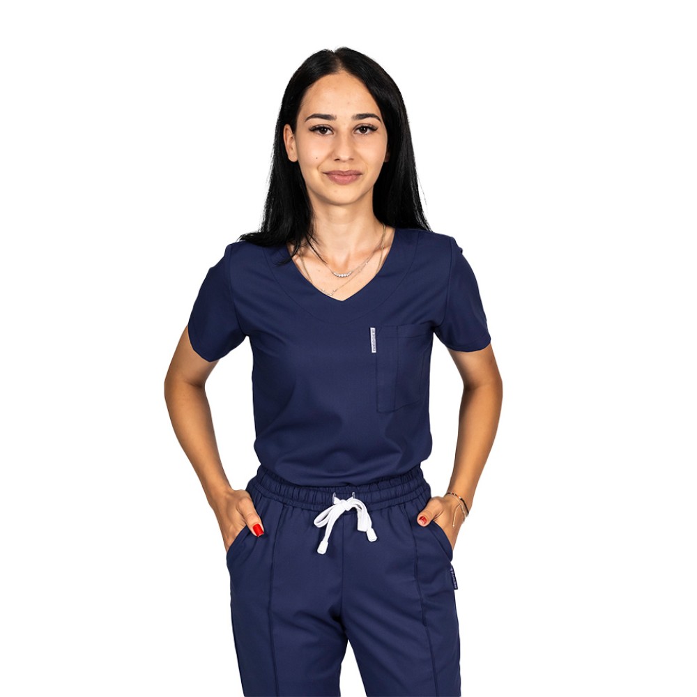 Tricou cu elastan de dama,cambrat, bleumarin, model in U