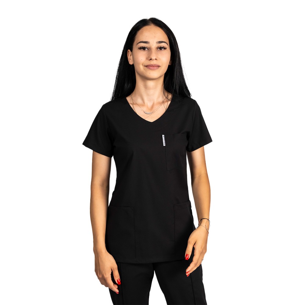 Tricou cu elastan de dama,cambrat, negru, model in U