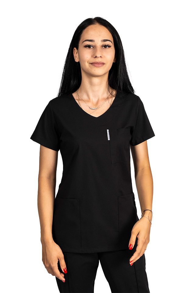 Tricou cu elastan de dama,cambrat, negru, model in U