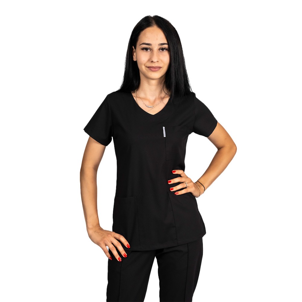 Tricou cu elastan de dama,cambrat, negru, model in U