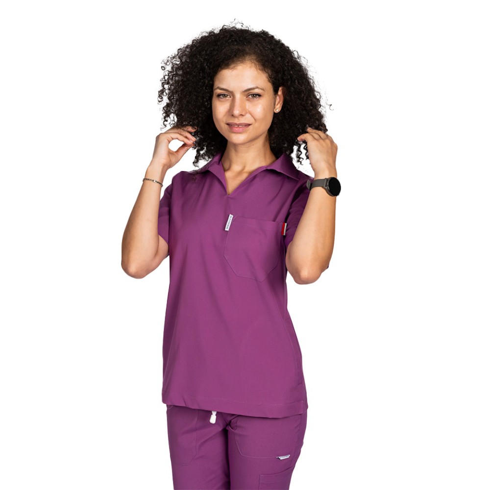 Tricou cu elastan polo dama magenta, model in V