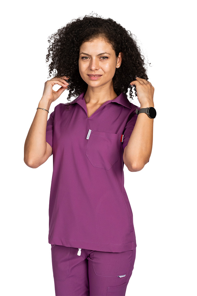 Tricou cu elastan polo dama magenta, model in V