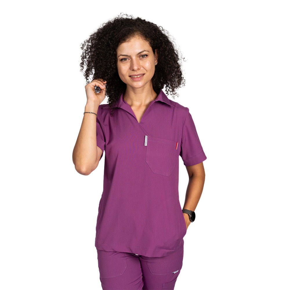 Tricou cu elastan polo dama magenta, model in V