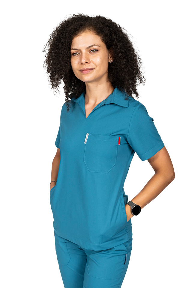 Tricou cu elastan polo dama aqua, model in V