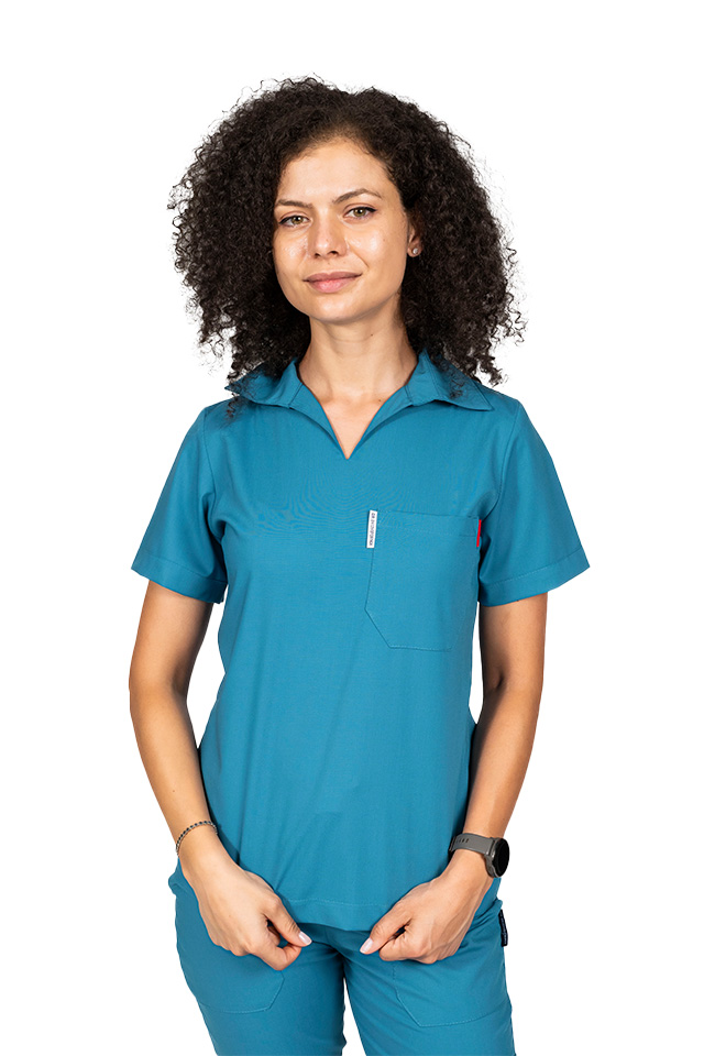 Tricou cu elastan polo dama aqua, model in V