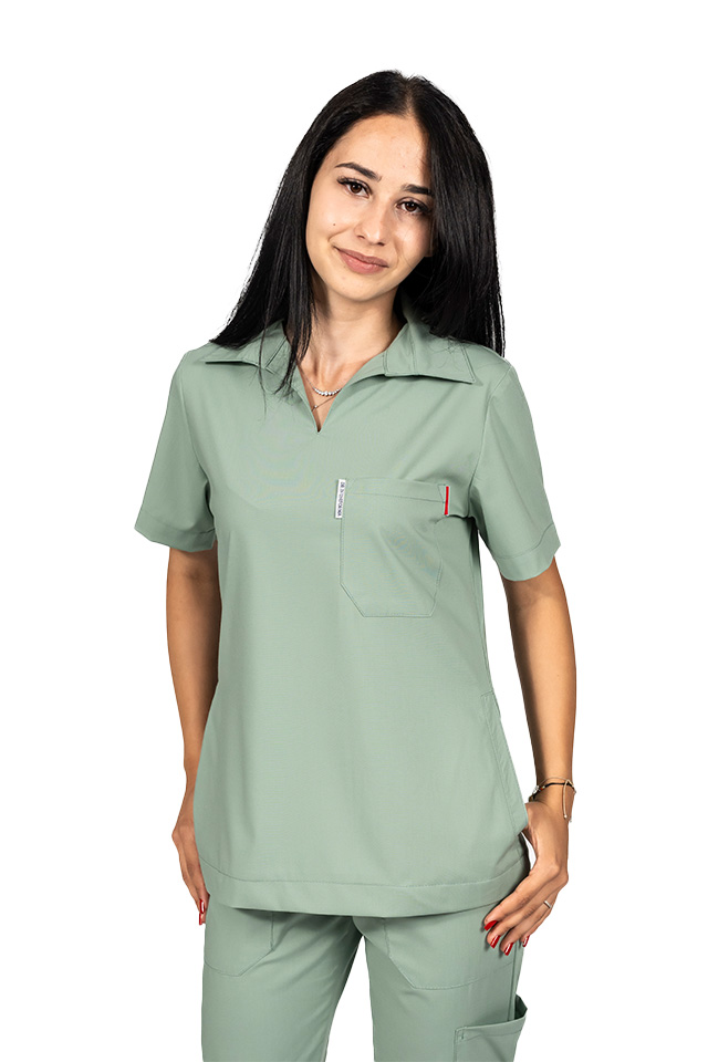 Tricou cu elastan polo dama olive, model in V