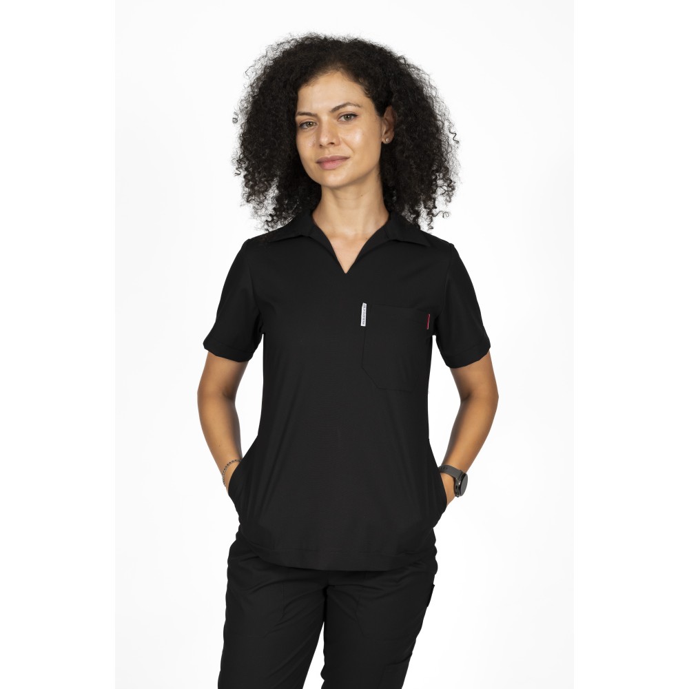 Tricou cu elastan polo dama negru, model in V