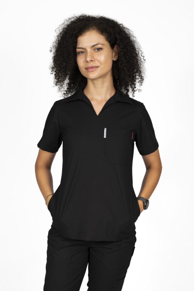 Tricou cu elastan polo dama negru, model in V