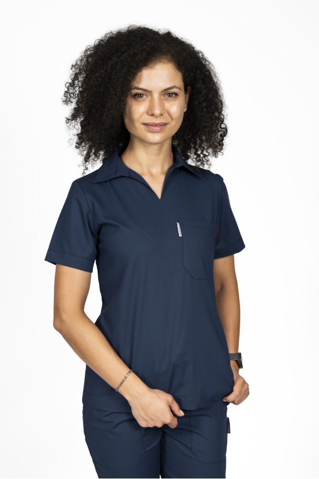 Tricou cu elastan polo dama bleumarin, model in V