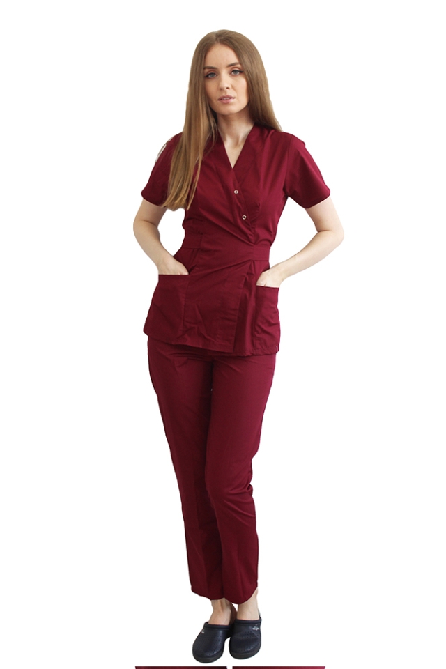 Costum receptionera grena, cu bluza tip kimono si pantaloni cu elastic