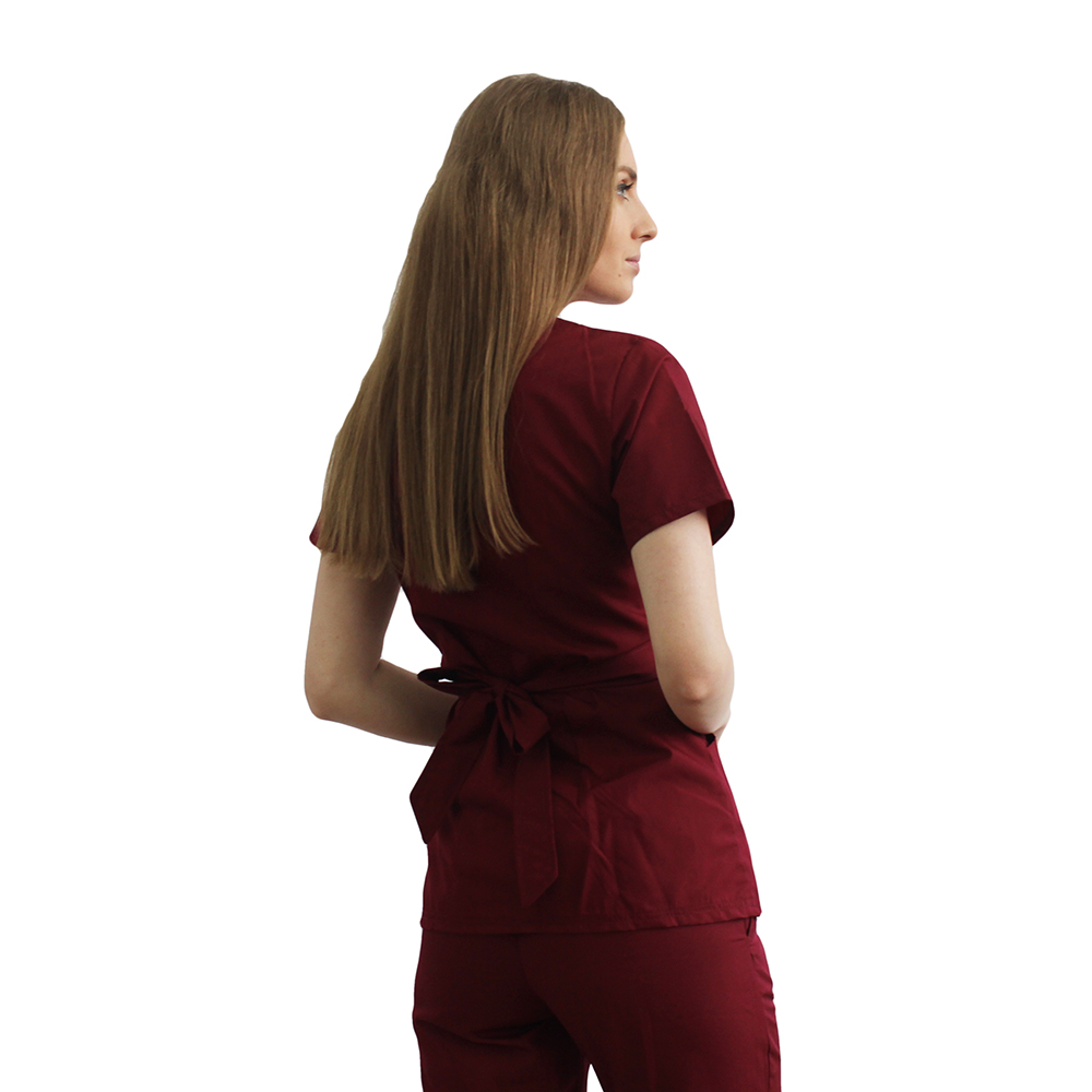 Costum receptionera grena, cu bluza tip kimono si pantaloni cu elastic