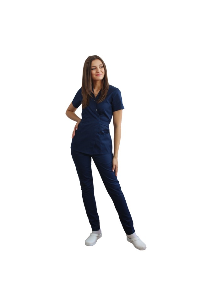 Costum receptionera kimono bleumarin format din bluza si pantaloni cu elastic