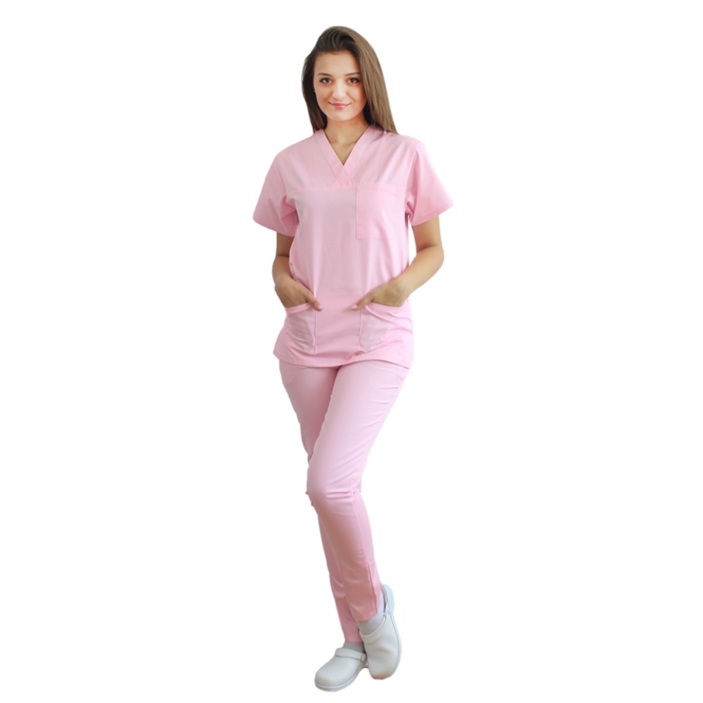 Uniforma de lucru dama roz pal format din bluza cu anchior in V si pantaloni roz cu elastic