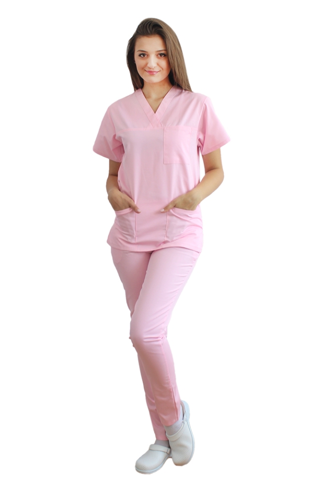 Uniforma de lucru dama roz pal format din bluza cu anchior in V si pantaloni roz cu elastic..