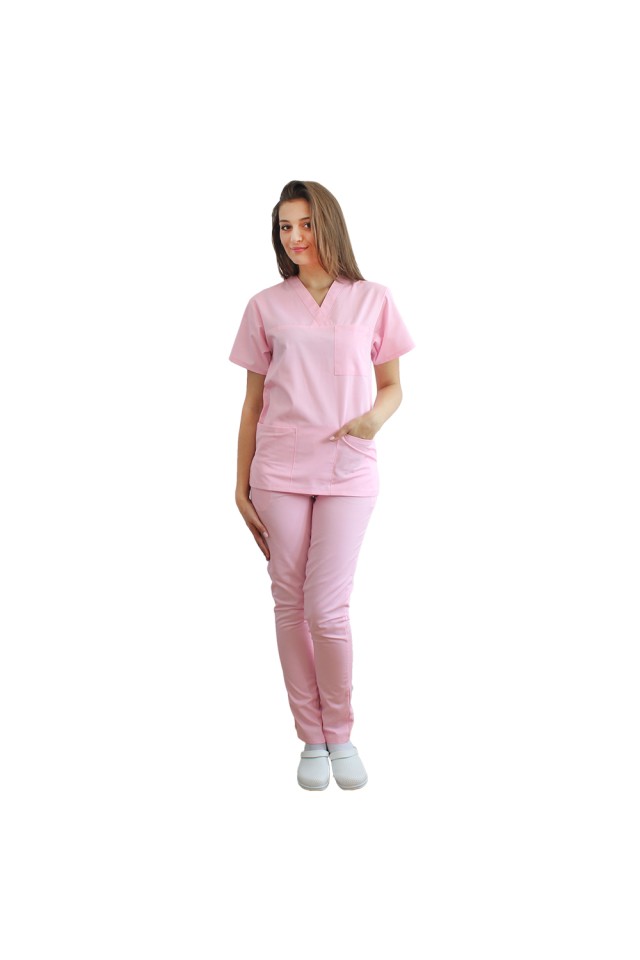 Uniforma de lucru dama roz pal format din bluza cu anchior in V si pantaloni roz cu elastic