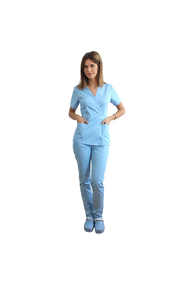 Costum receptionera bleu cu bluza tip kimono si pantaloni bleu cu elastic